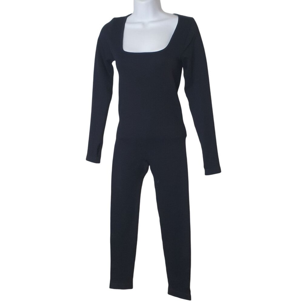 Womens Full Bodycon Jumpsuit M Black Stretchy Long Sleeve Square Neck Clubwear